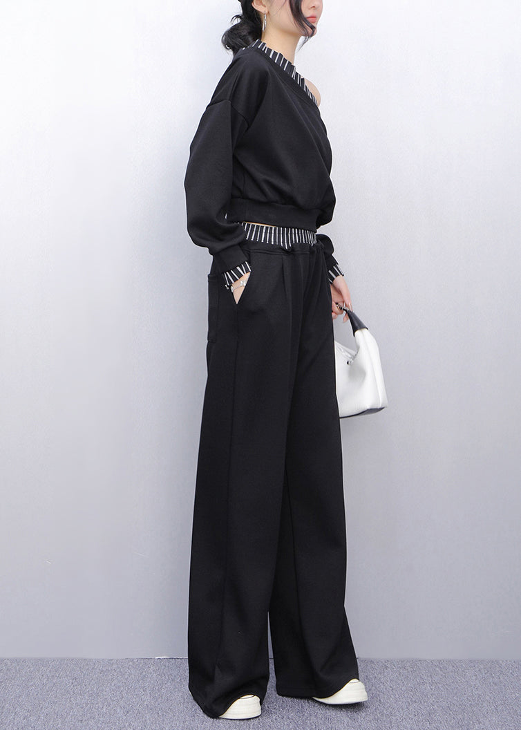 Black Slash Neck Top And Wide Leg Pants Two Pieces Set Fall
