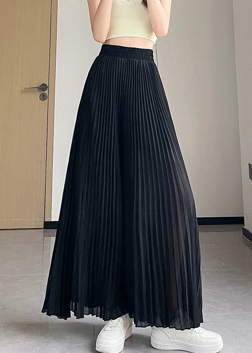 Black Solid Chiffon Summer Wide Leg Pants Elastic Waist