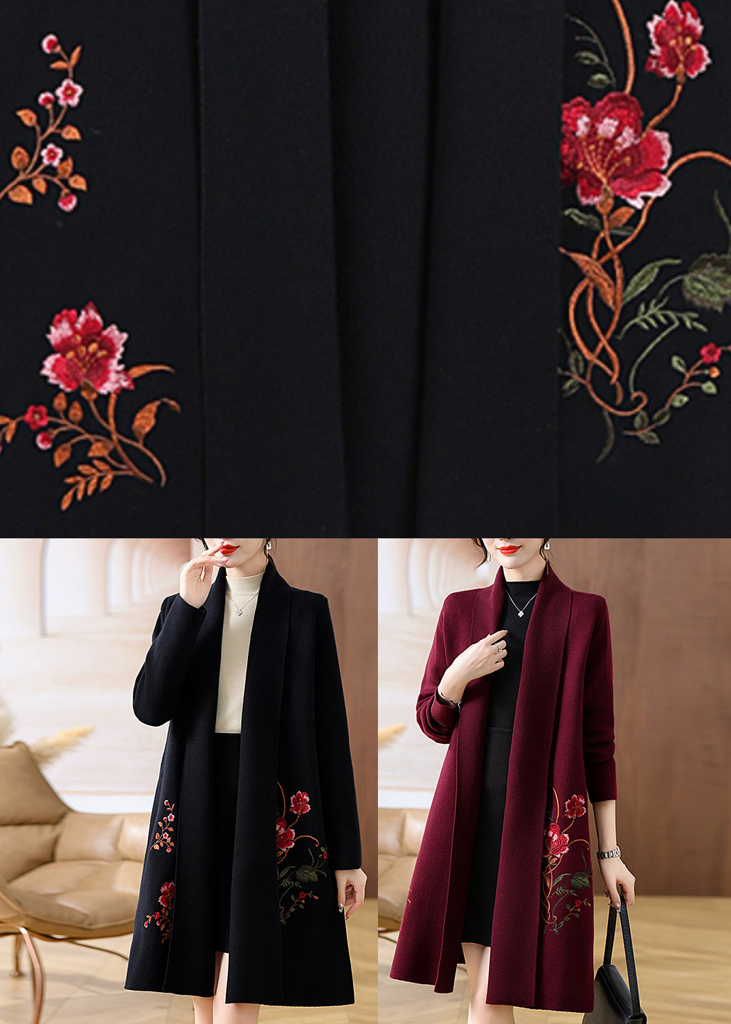 Black Solid Cozy Woolen Maxi Cardigans Fall