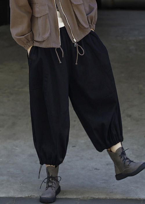 Black Solid Drawstring Cotton Lantern Pants High Waist