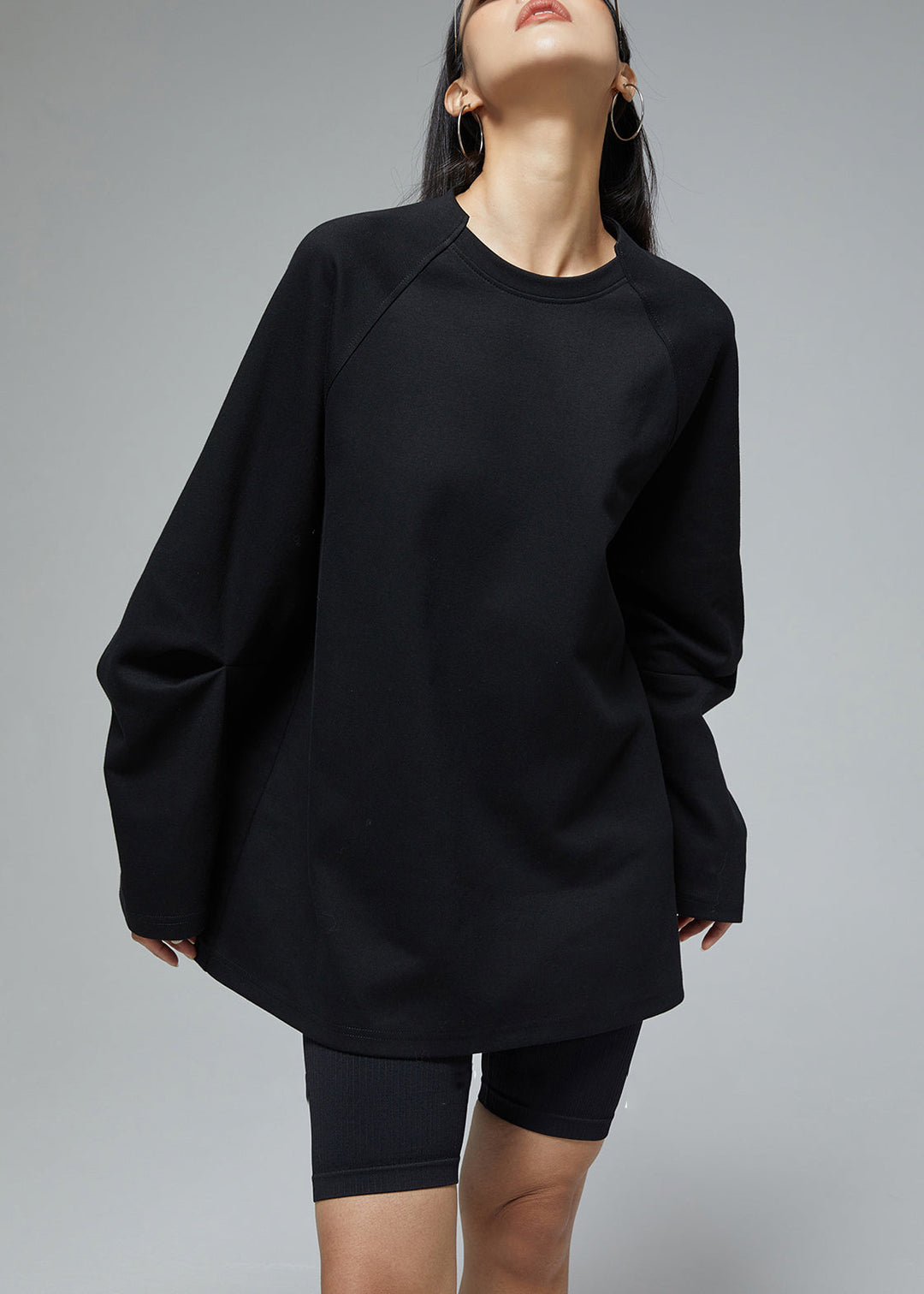 Black Solid Loose Cotton Fall Sweatshirts O Neck
