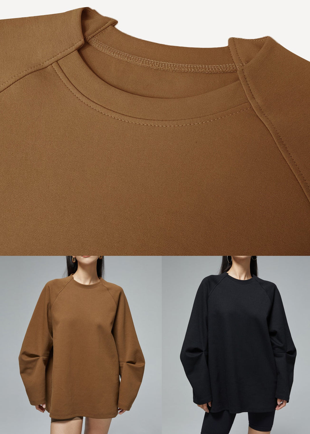Black Solid Loose Cotton Fall Sweatshirts O Neck