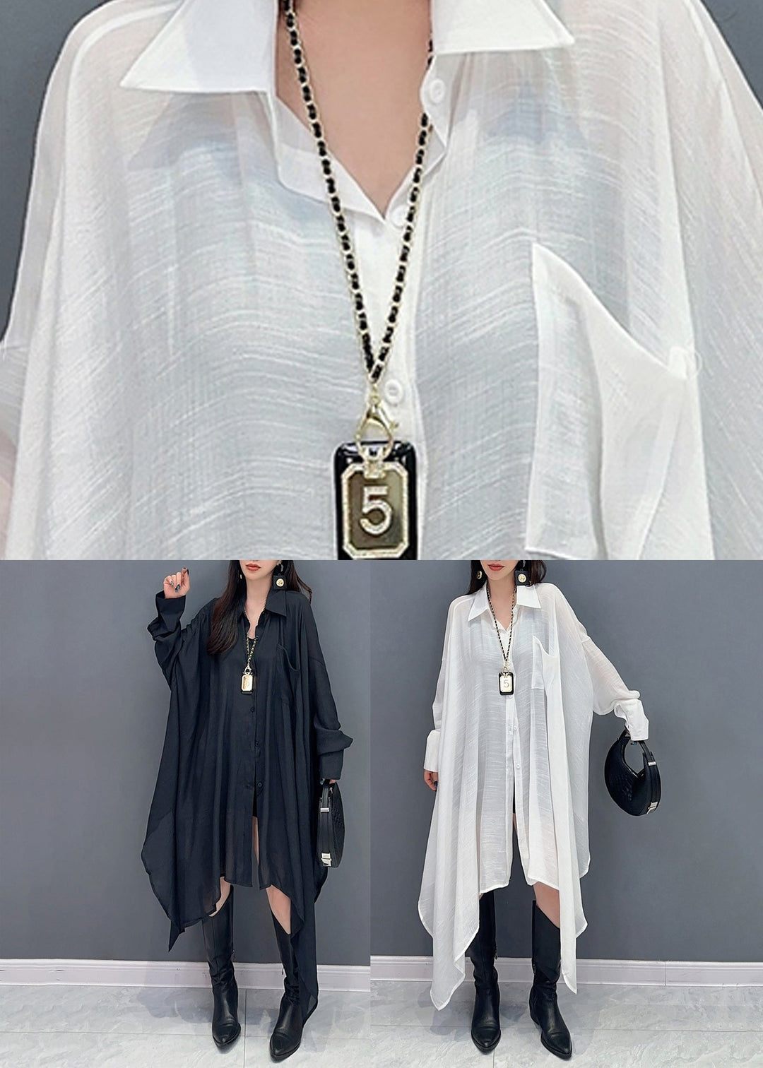 Black Solid Maxi Shir Asymmetrical Button Fall