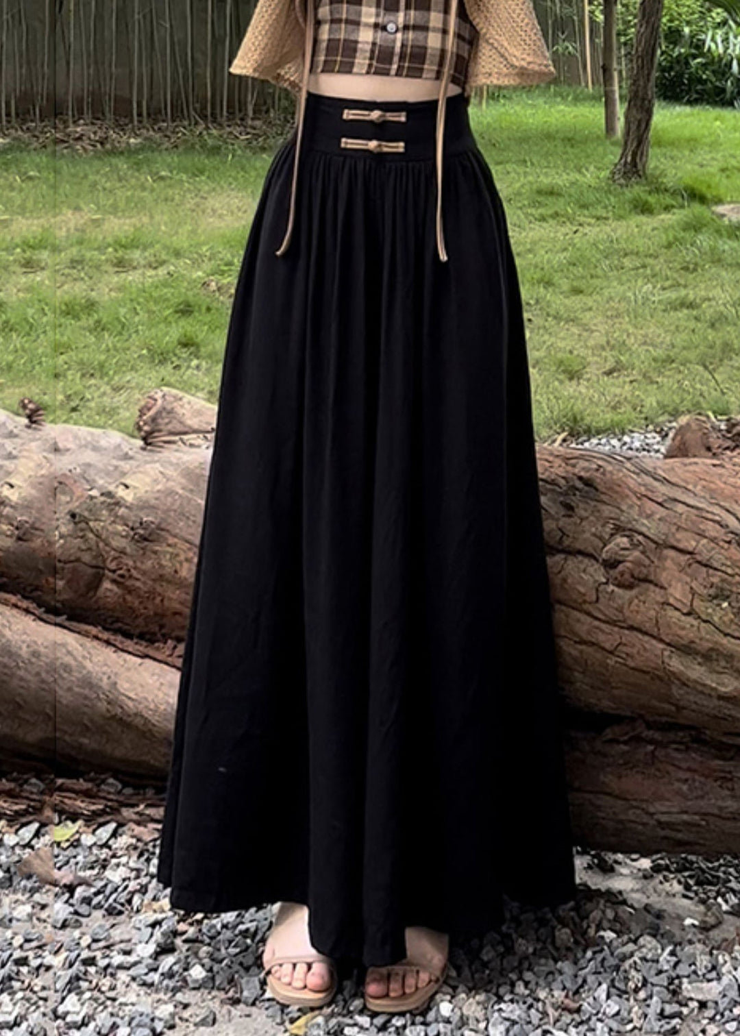 Black Solid Wrinkled Cotton Wide Leg Pants High Waist