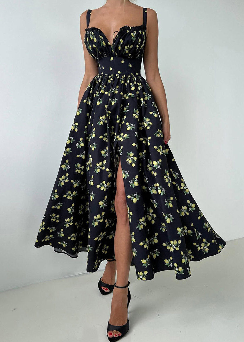 Black Square Collar High Waist Maxi Spaghetti Strap Dress Summer