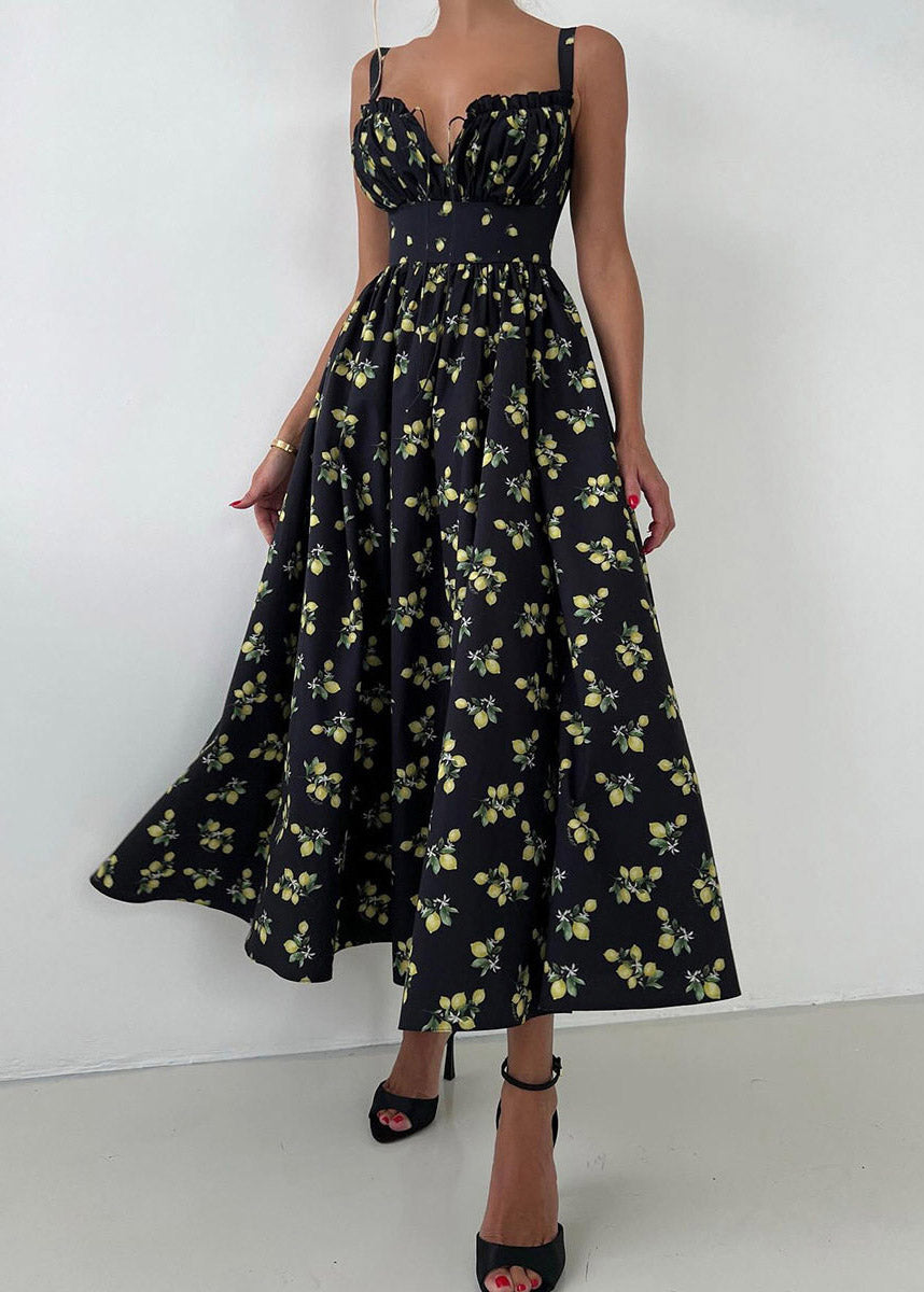 Black Square Collar High Waist Maxi Spaghetti Strap Dress Summer