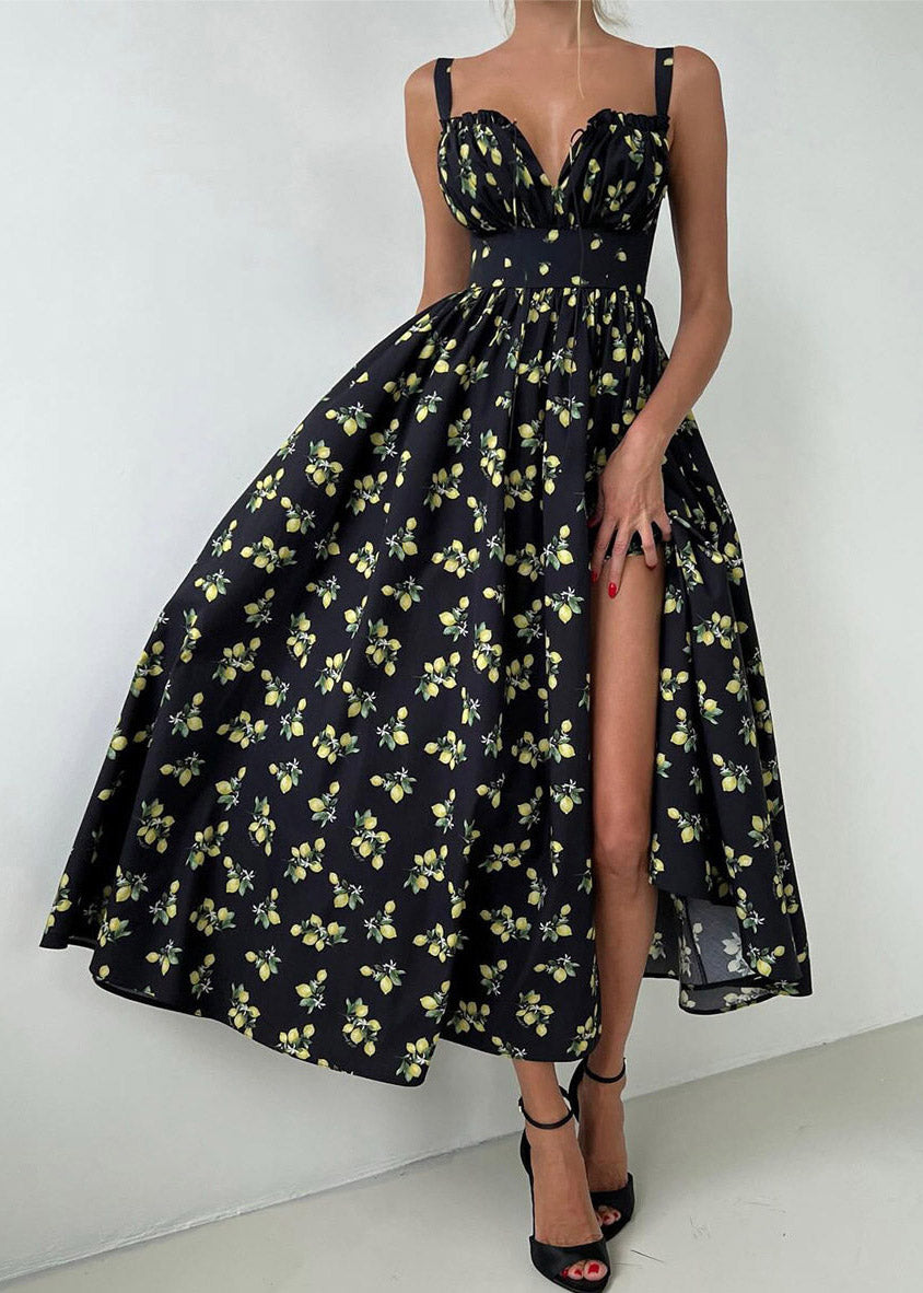 Black Square Collar High Waist Maxi Spaghetti Strap Dress Summer
