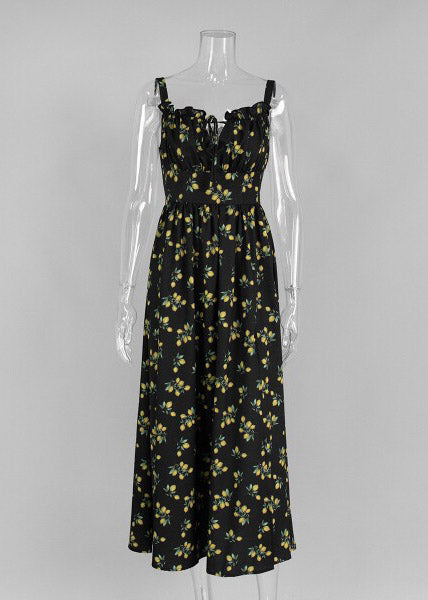 Black Square Collar High Waist Maxi Spaghetti Strap Dress Summer