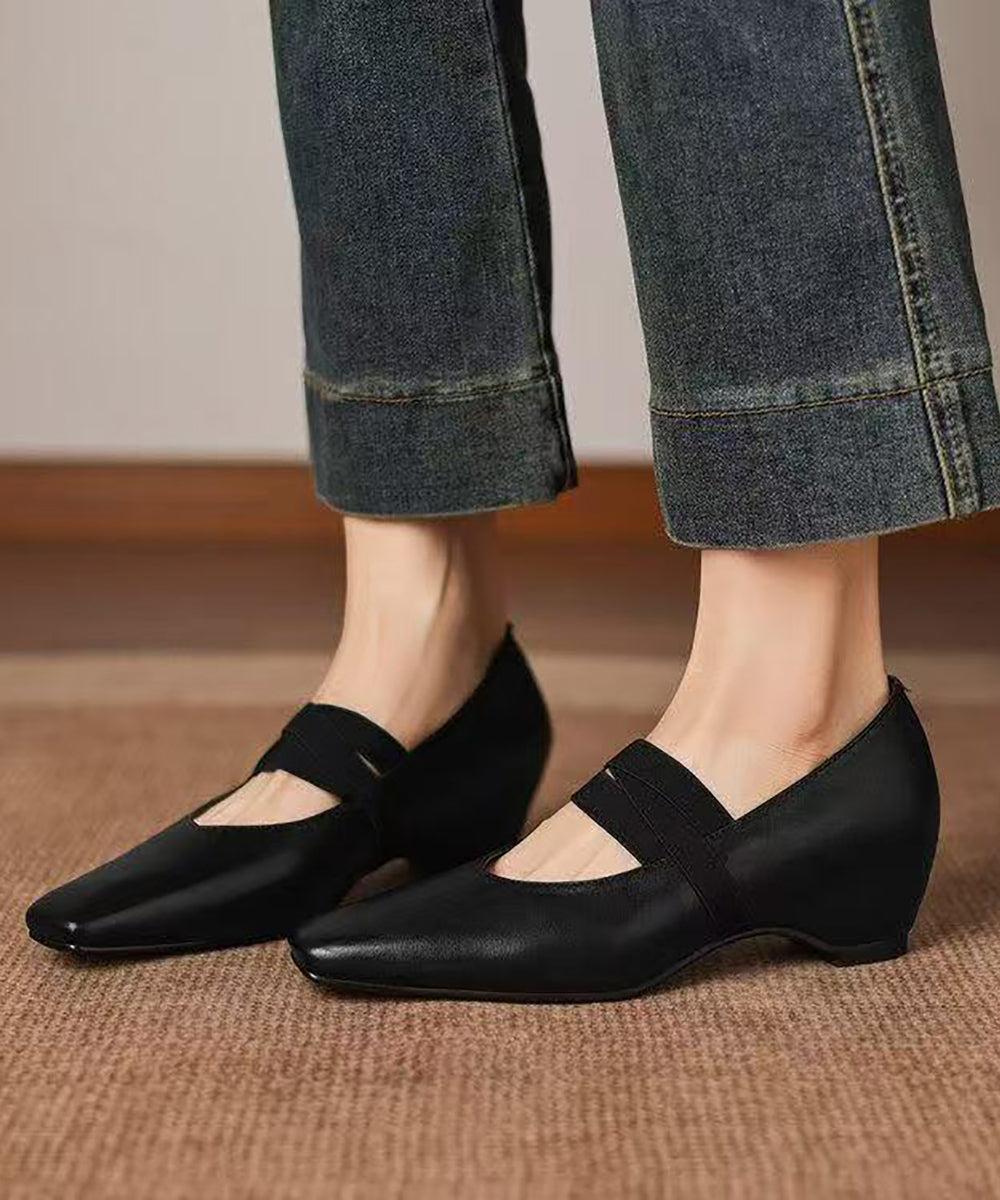 Black Square Toe Cross Strap Faux Leather Wedge Pumps