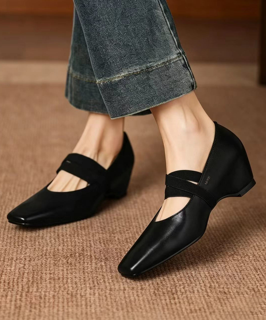 Black Square Toe Cross Strap Faux Leather Wedge Pumps