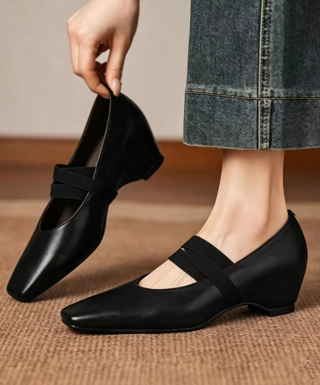 Black Square Toe Cross Strap Faux Leather Wedge Pumps