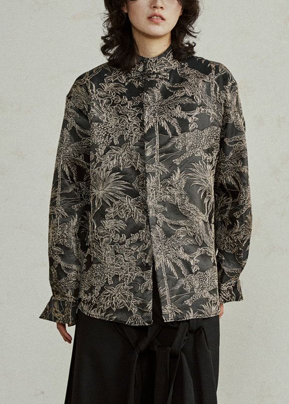 Black Stand Collar Jacquard Top Fall