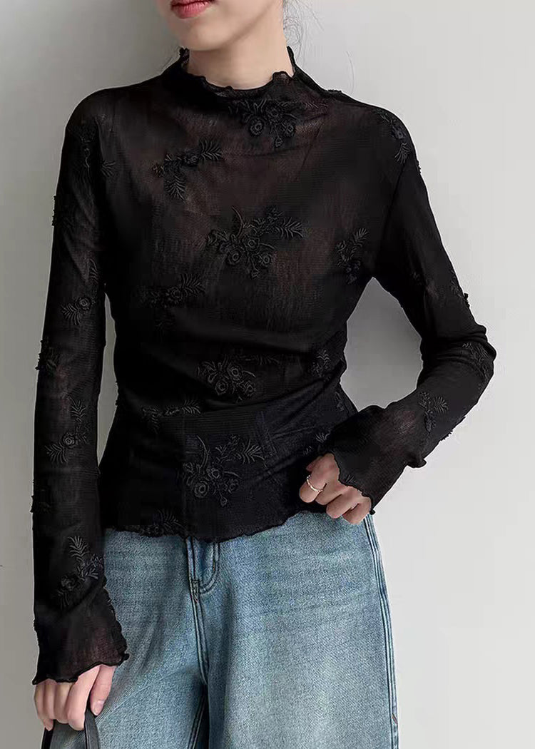 Black Stand Collar Patchwork Tulle Shirts Spring