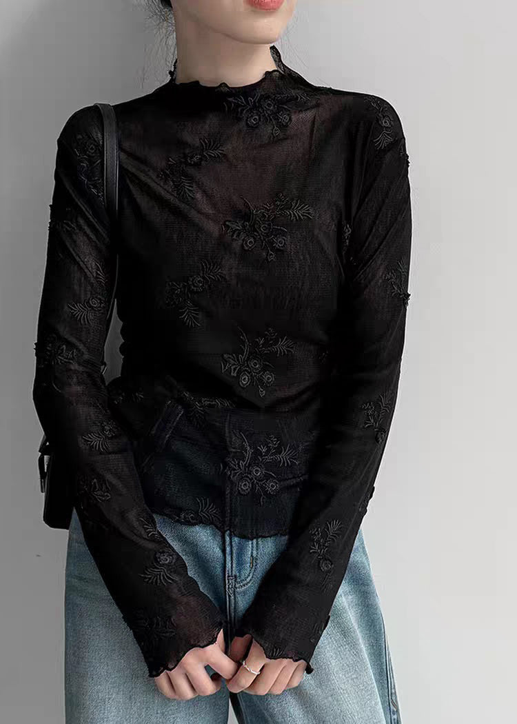 Black Stand Collar Patchwork Tulle Shirts Spring