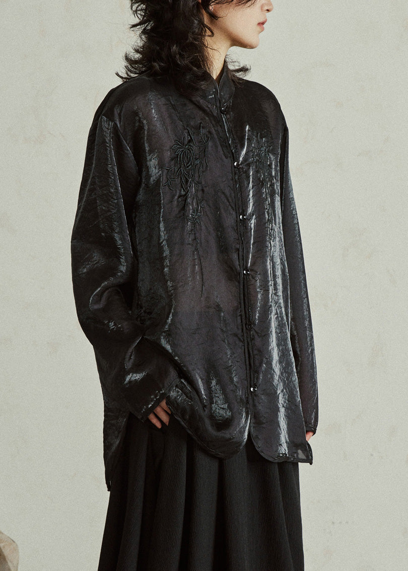 Black Stand Collar Sheer Organza Top Fall