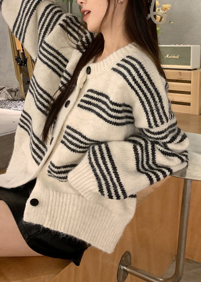 Black Striped Button Cotton Knit Cardigan Fall