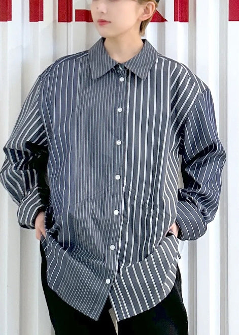Black Striped Cotton Shirt Top Drawstring Spring