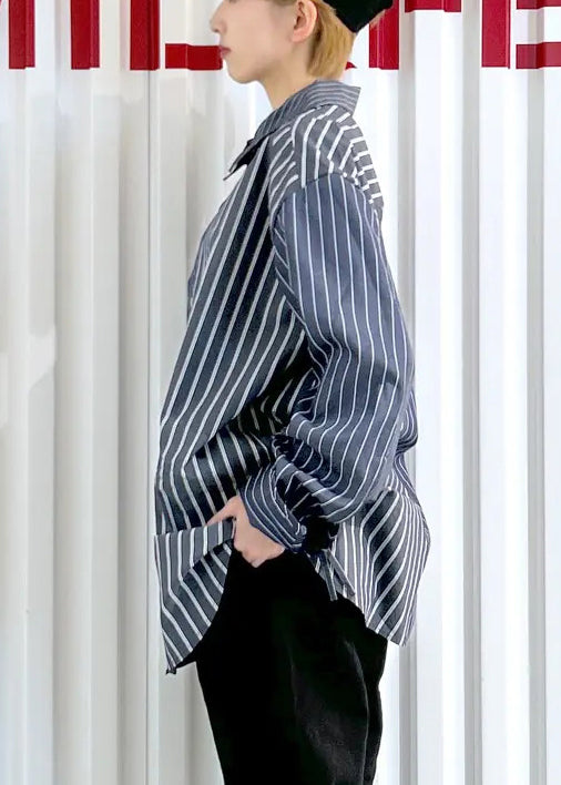 Black Striped Cotton Shirt Top Drawstring Spring