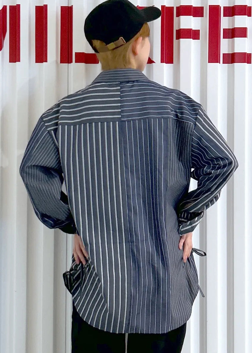 Black Striped Cotton Shirt Top Drawstring Spring