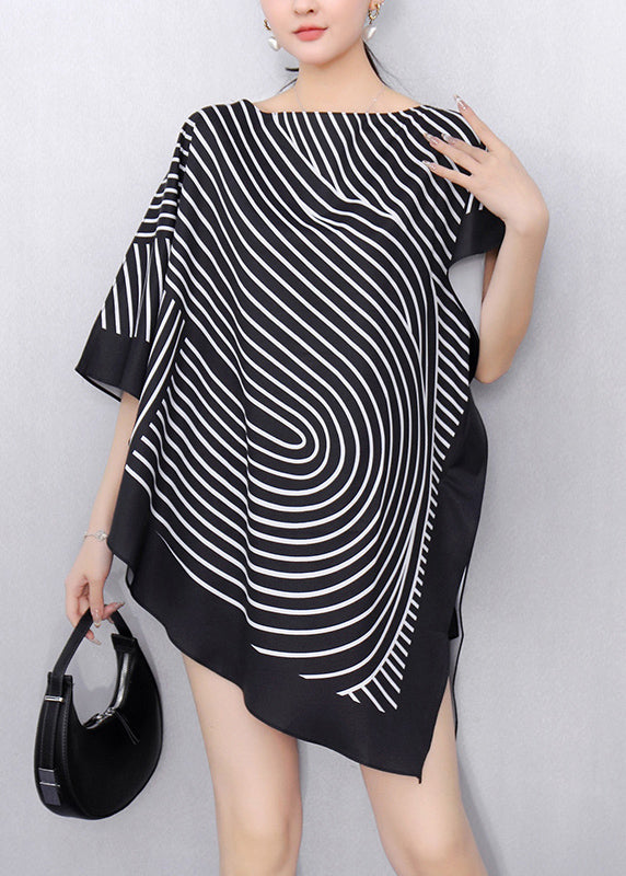 Black Striped O-Neck Side Open Short Sleeve
