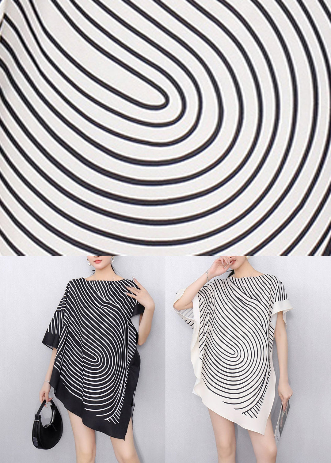 Black Striped O-Neck Side Open Short Sleeve