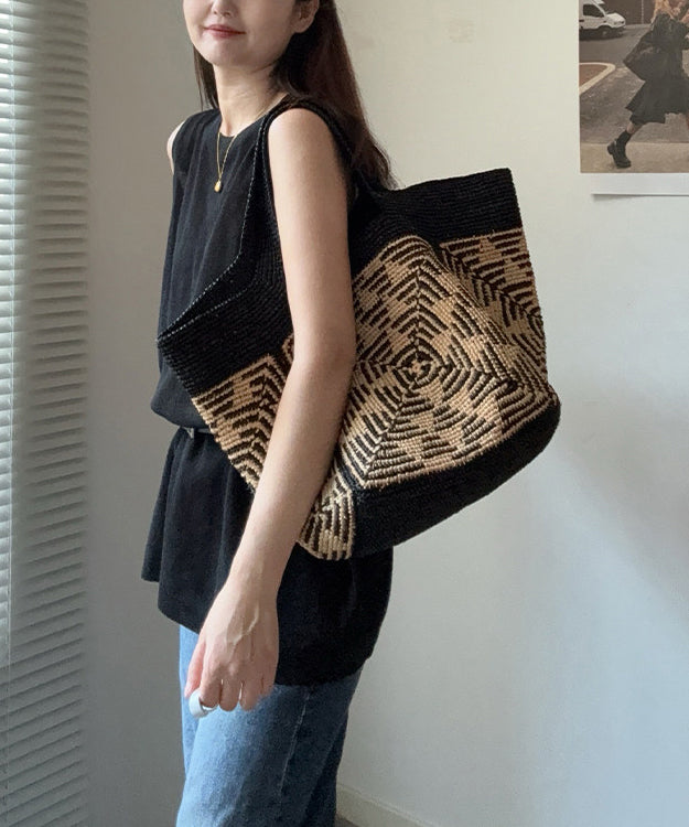 Black Striped Woven Casual Versatile Shoulder Bag