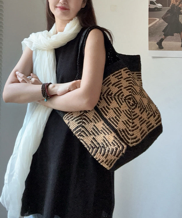 Black Striped Woven Casual Versatile Shoulder Bag