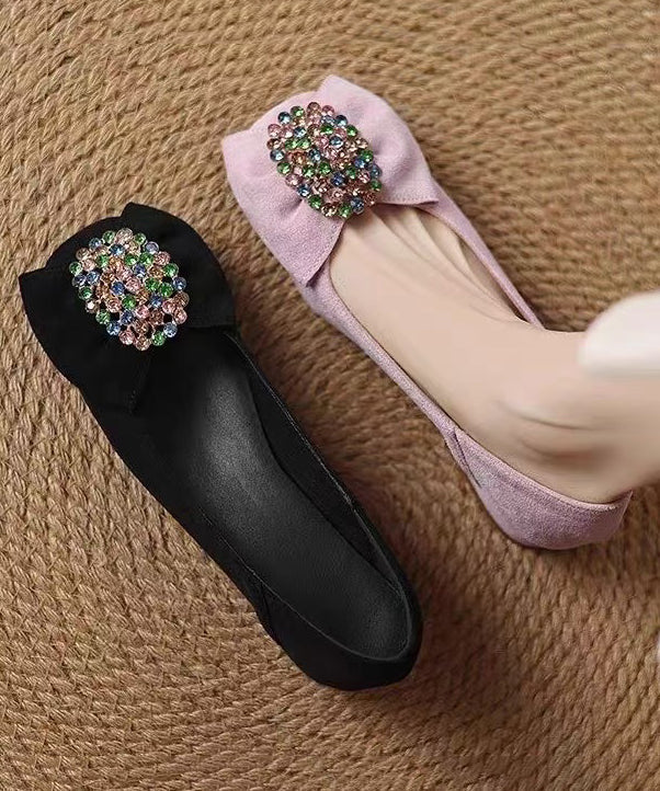 Black Suede Bow Zircon Splicing Comfy Penny Loafers