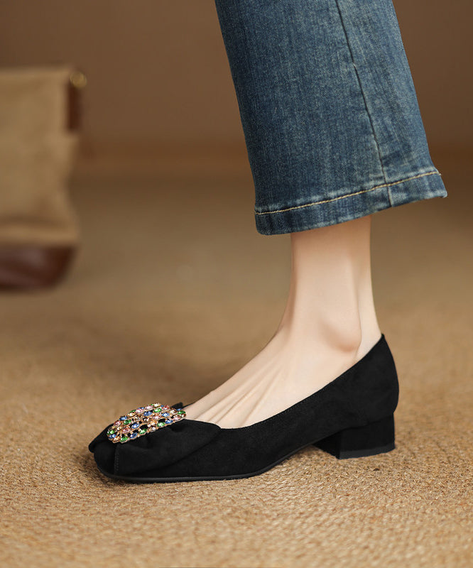 Black Suede Bow Zircon Splicing Comfy Penny Loafers