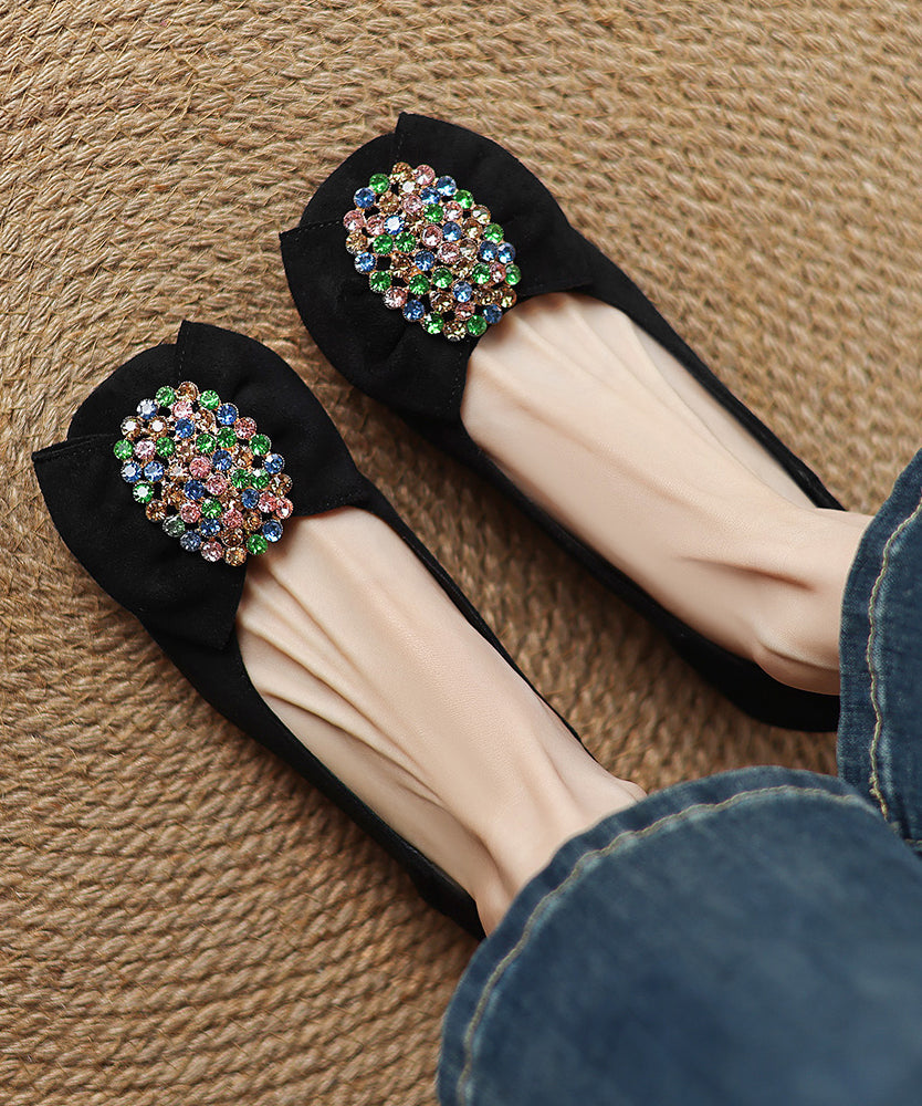 Black Suede Bow Zircon Splicing Comfy Penny Loafers