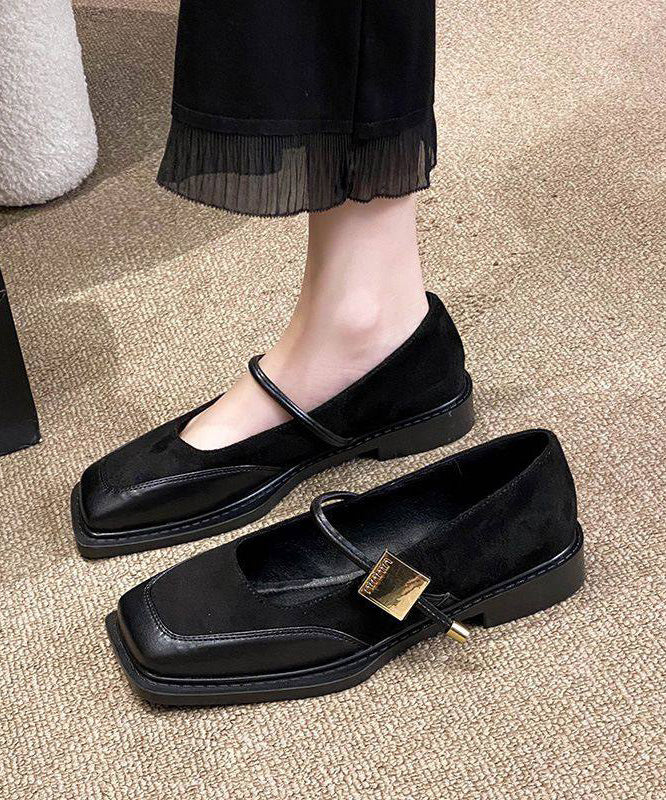 Black Suede Buckle Strap Splicing Flats Shoes