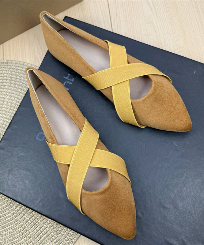 Black Suede Flat Shoes For Women Splicing Cross Strap Pointed Toe