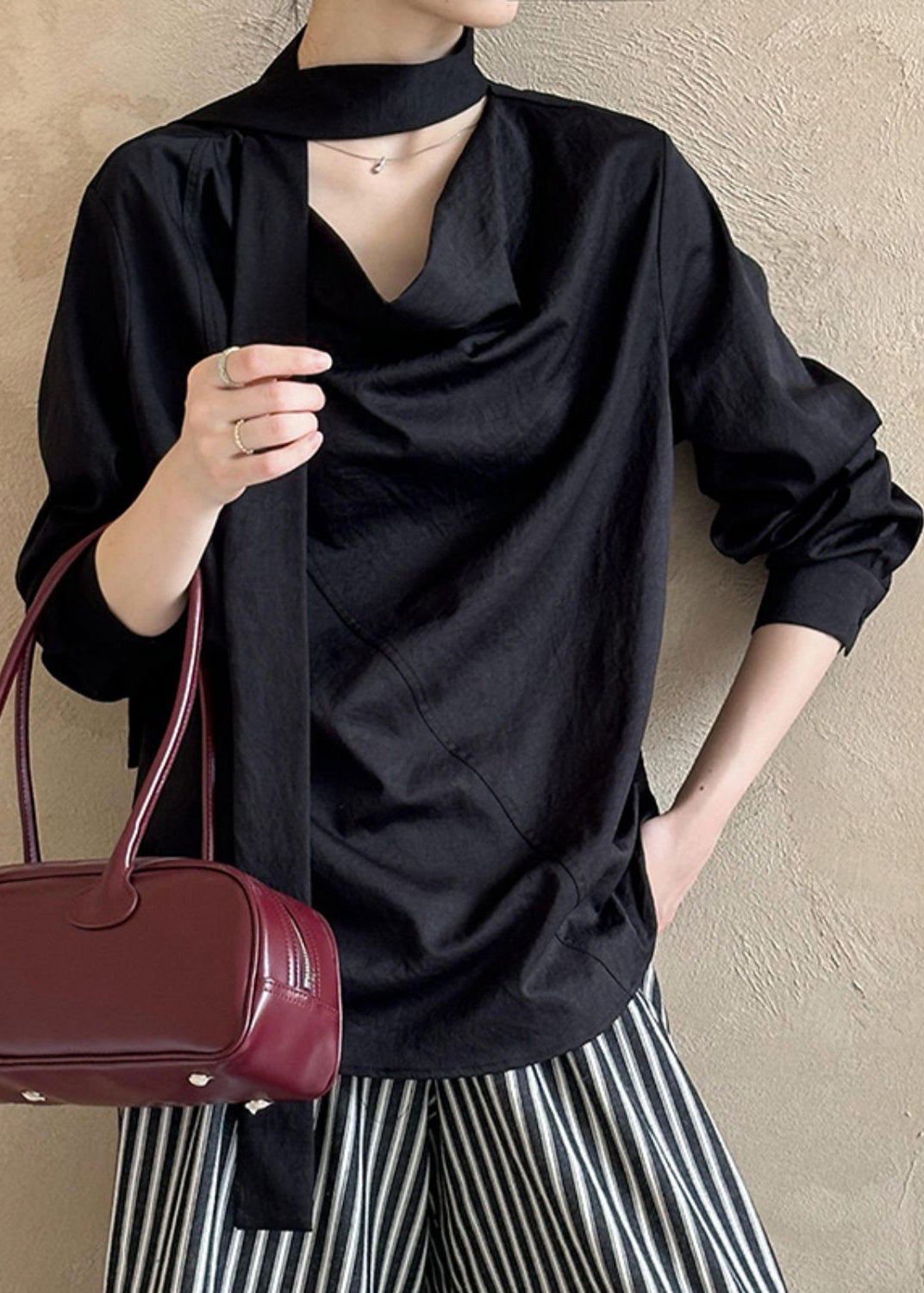 Black T ShirtTops Asymmetrical Long Sleeve