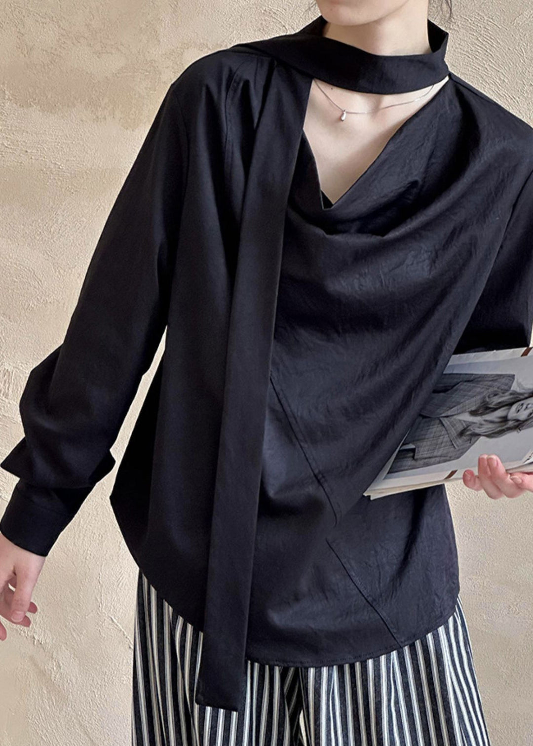 Black T ShirtTops Asymmetrical Long Sleeve