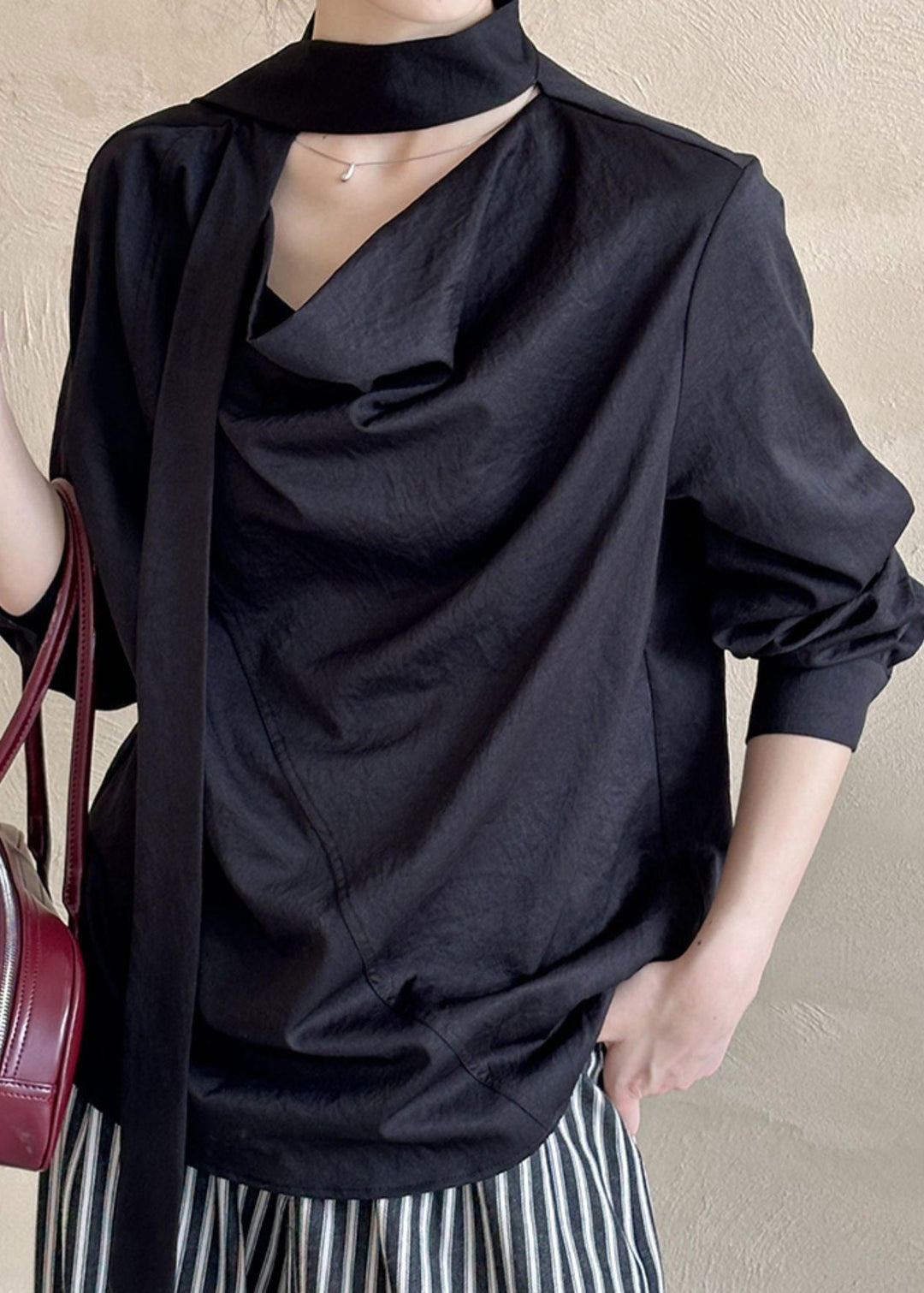 Black T ShirtTops Asymmetrical Long Sleeve