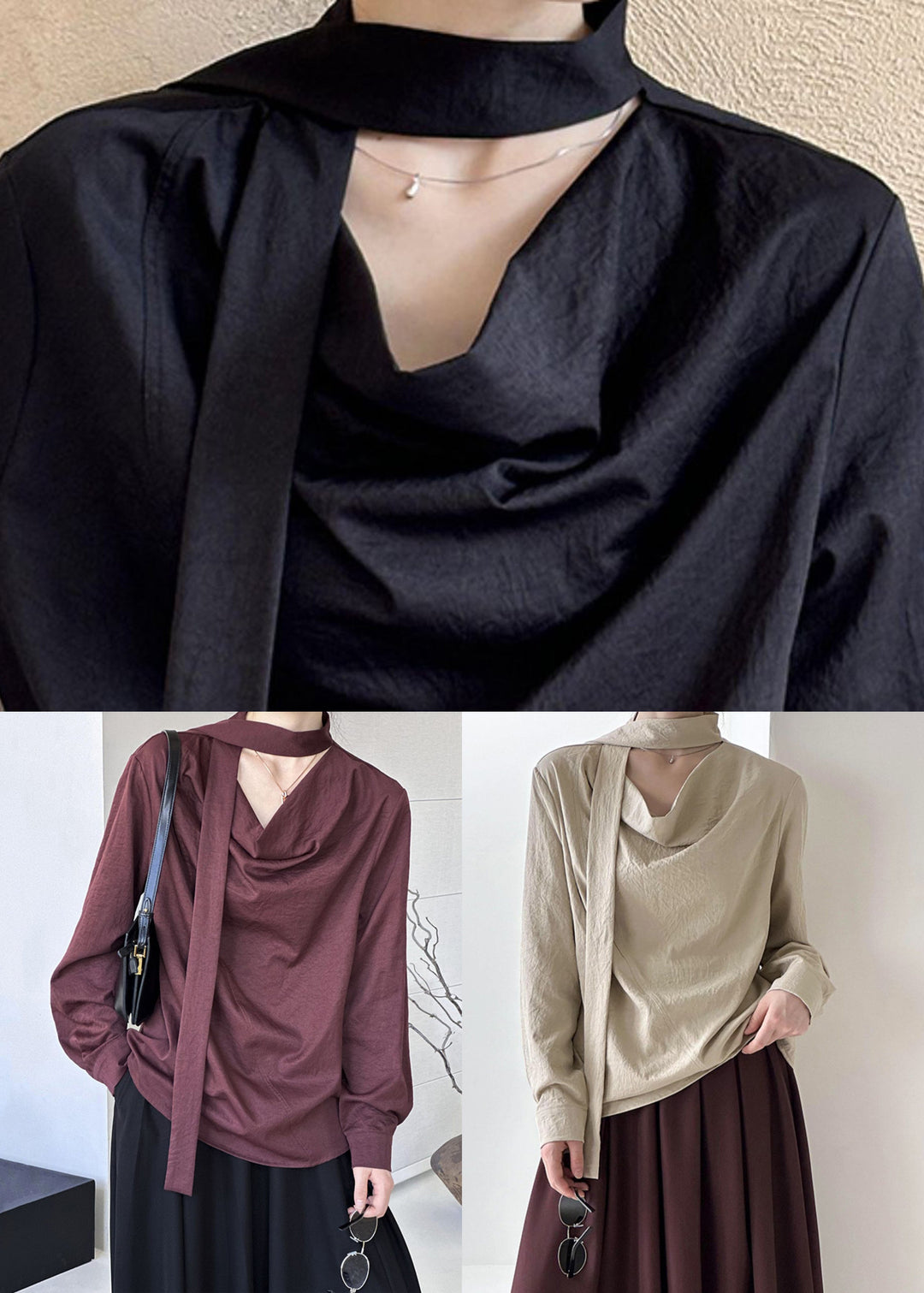 Black T ShirtTops Asymmetrical Long Sleeve