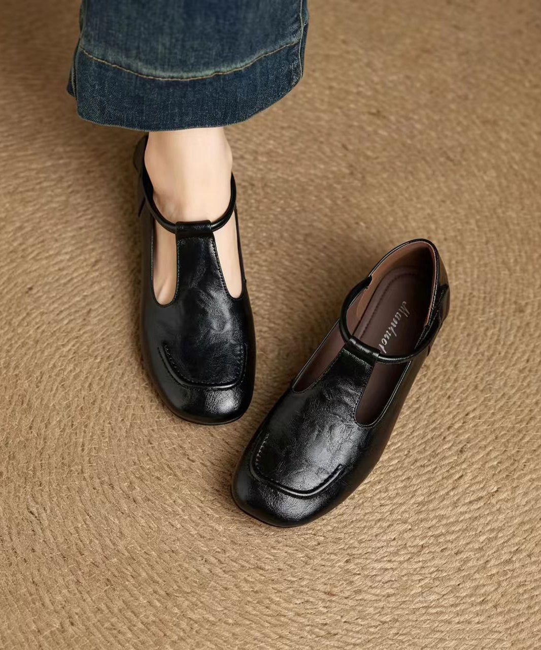 Black T Strap Cowhide Leather Low Heel Shoes