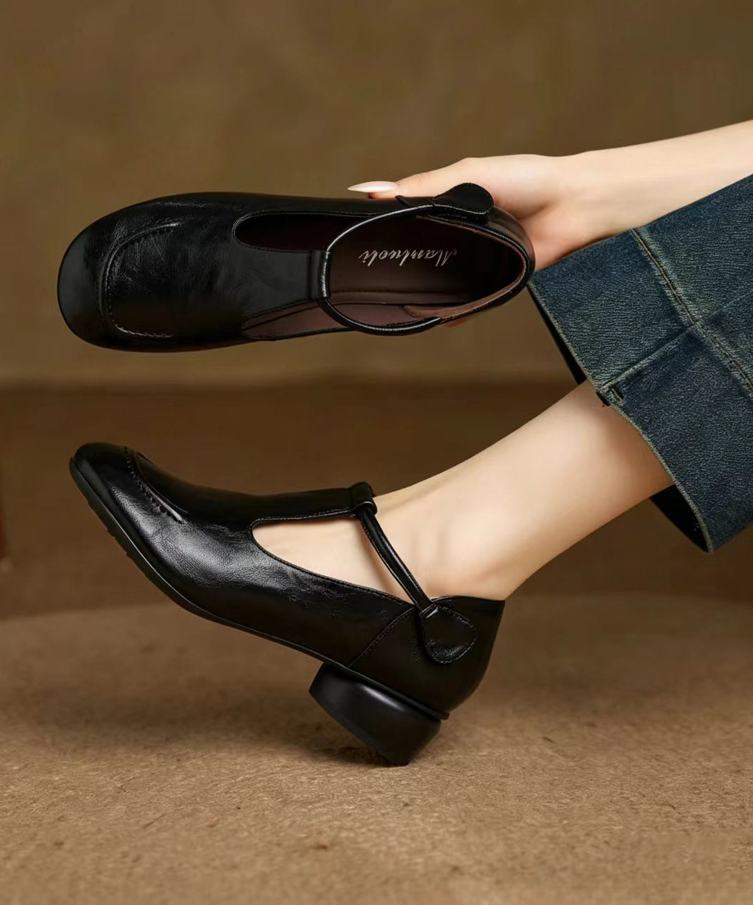 Black T Strap Cowhide Leather Low Heel Shoes