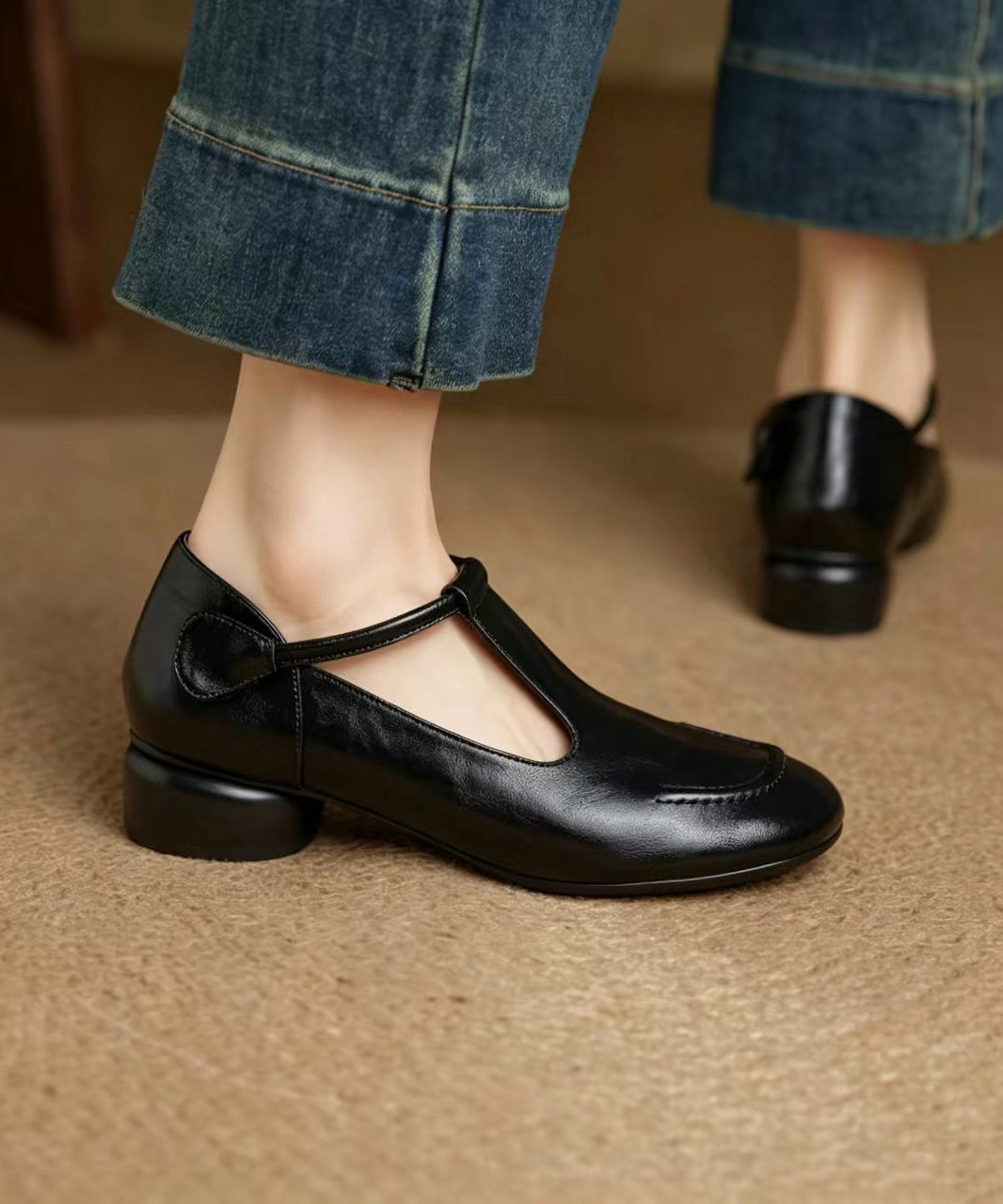 Black T Strap Cowhide Leather Low Heel Shoes
