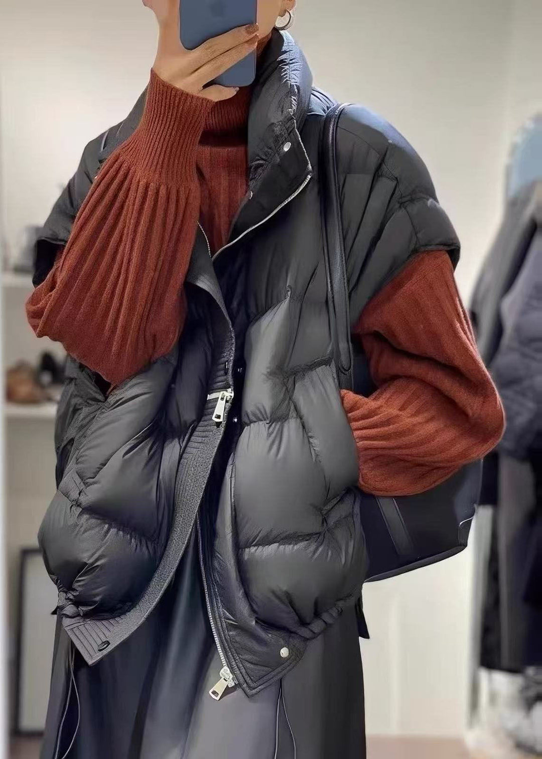 Black Thick Fine Cotton Filled Vests Zip Up Drawstring Winter