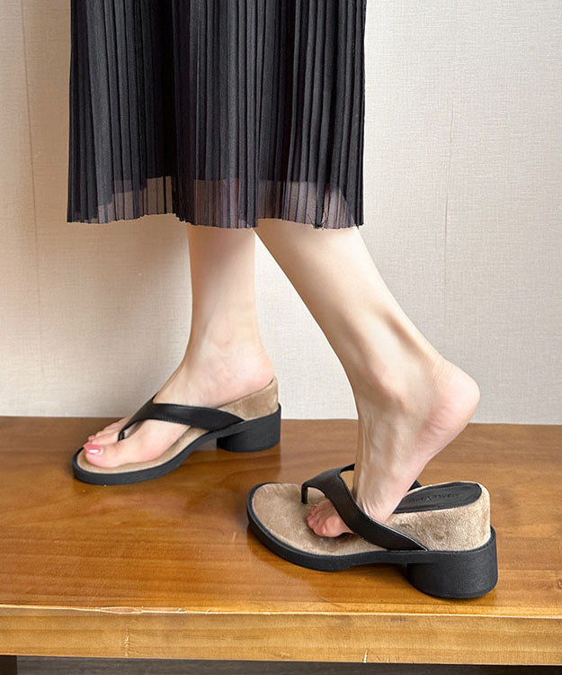 Black Thong Sandals Splicing Chic Chunky Faux Leather