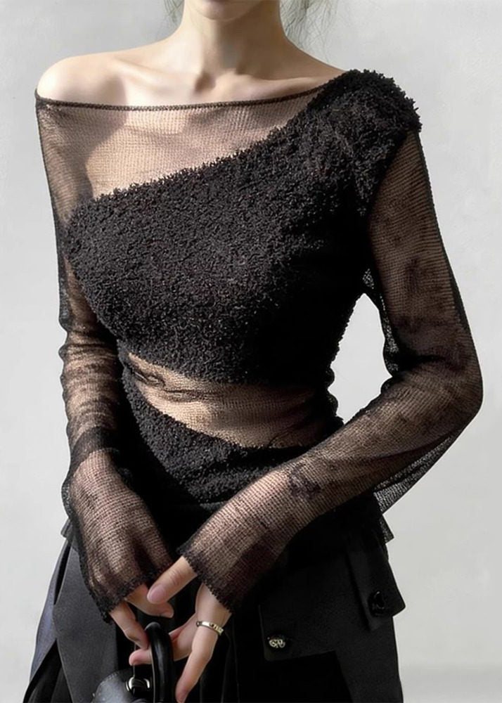 Black Tulle Patchwork Knit Sweater Cold Shoulder