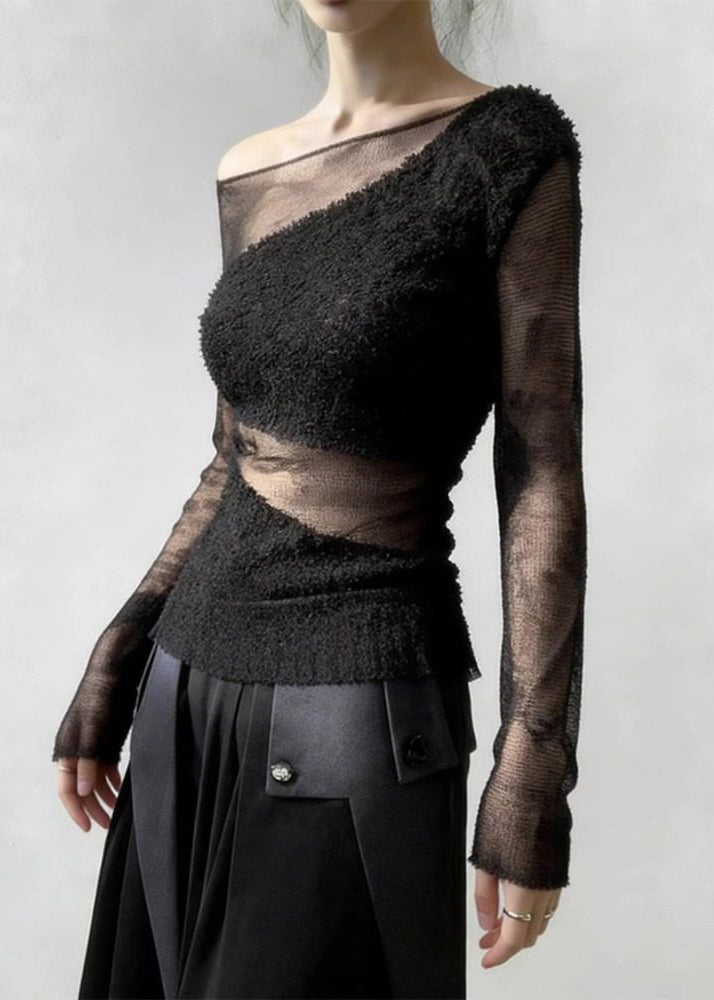 Black Tulle Patchwork Knit Sweater Cold Shoulder