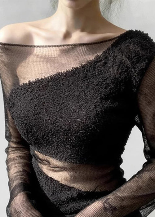 Black Tulle Patchwork Knit Sweater Cold Shoulder