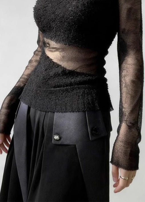 Black Tulle Patchwork Knit Sweater Cold Shoulder
