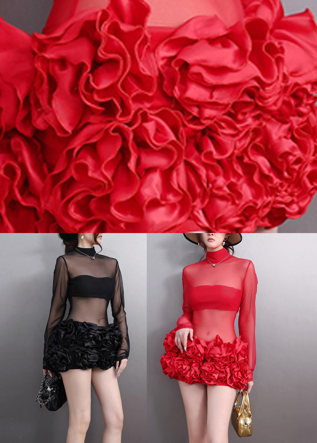 Black Turtleneck Floral Tulle Mid Dress Long Sleeve