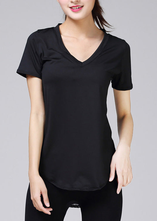 Black V-Neck Hollow Lace Quick Drying Sports T-Shirt Top Summer