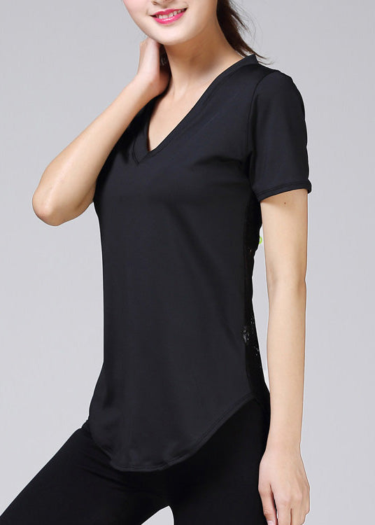 Black V-Neck Hollow Lace Quick Drying Sports T-Shirt Top Summer