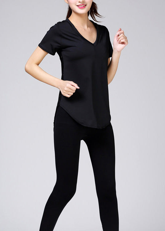 Black V-Neck Hollow Lace Quick Drying Sports T-Shirt Top Summer