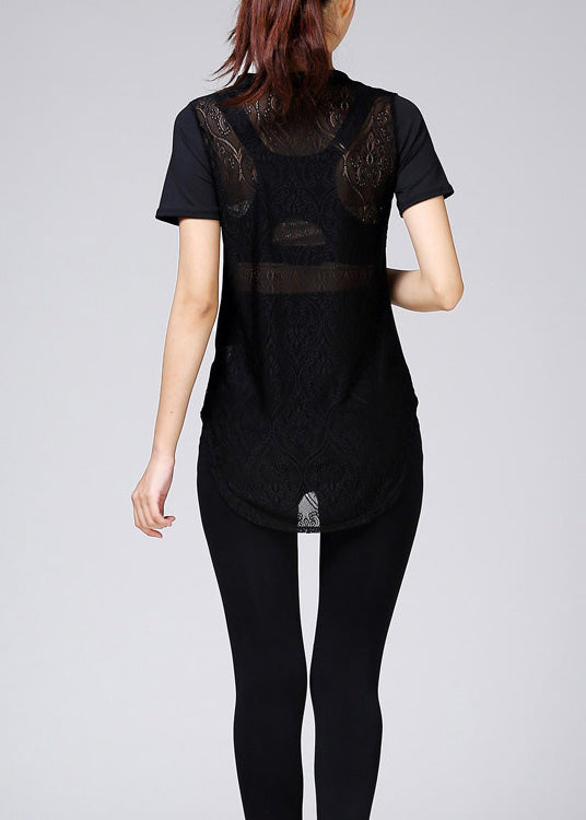 Black V-Neck Hollow Lace Quick Drying Sports T-Shirt Top Summer